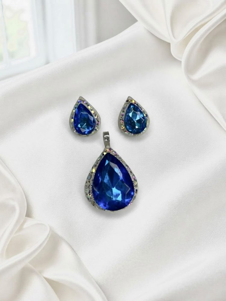 Set Dije y Aretes Gota Cristal Azul
