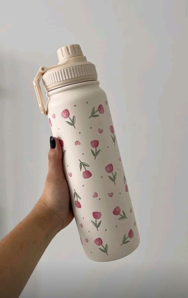 Botella Térmica con Diseño de Tulipanes Rosados – Termo Portátil con Asa