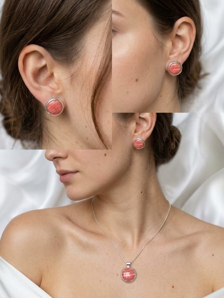 Set de Aretes y Dije Rodocrosita Circular