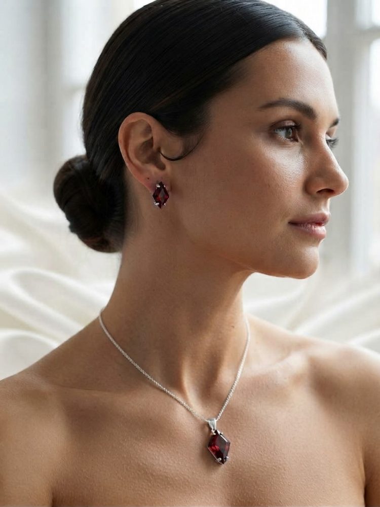 Set Dije y Aretes Rombo Cristal Rojo