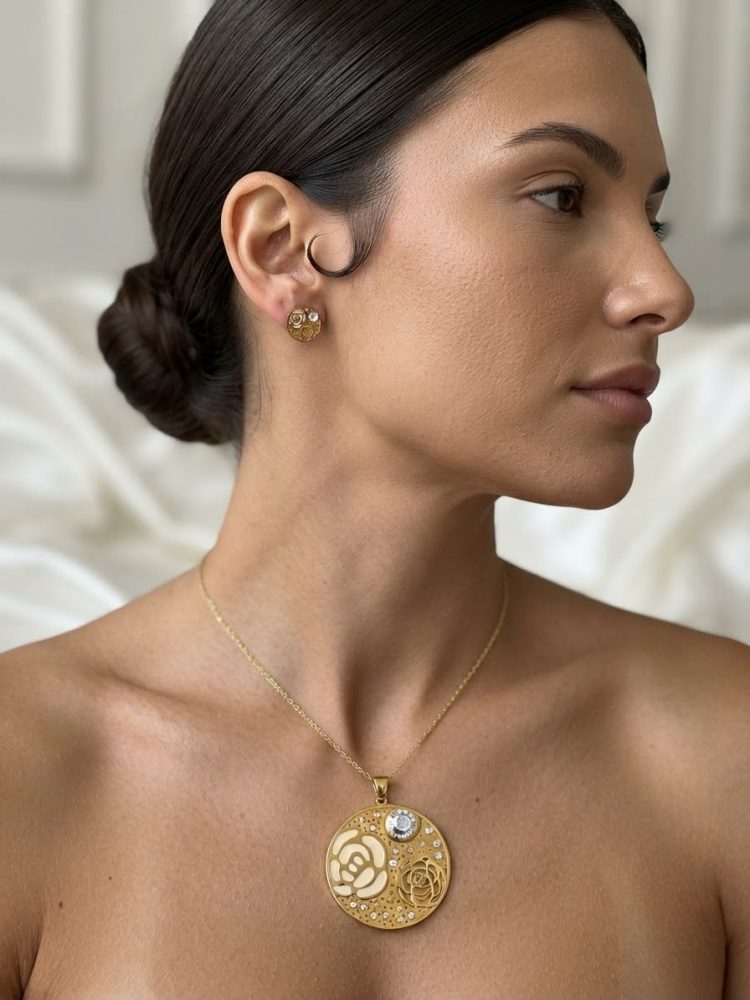 Set Collar y Aretes Circulares Rosas