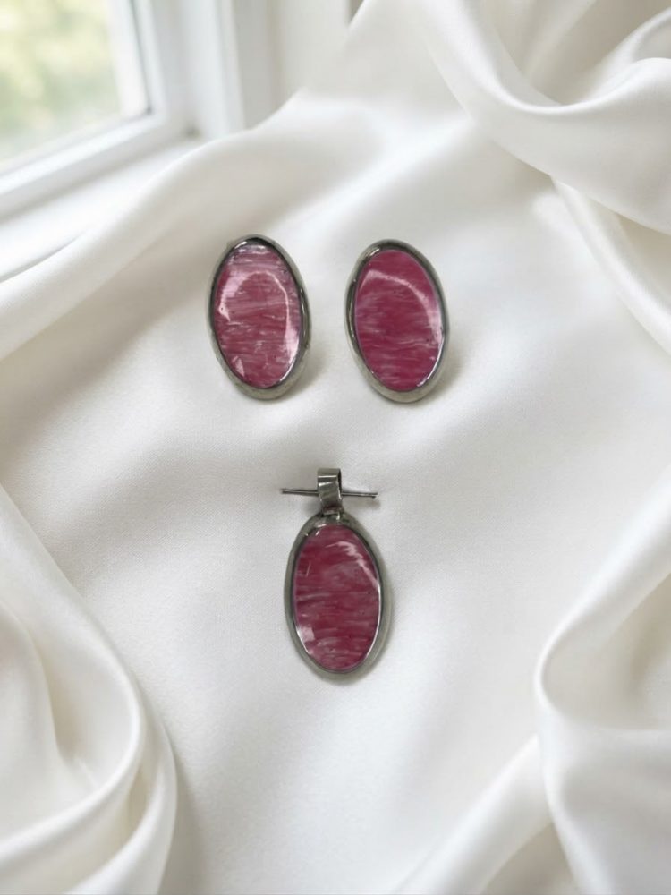 Set Dije y Aretes Oval Rosa Veteado