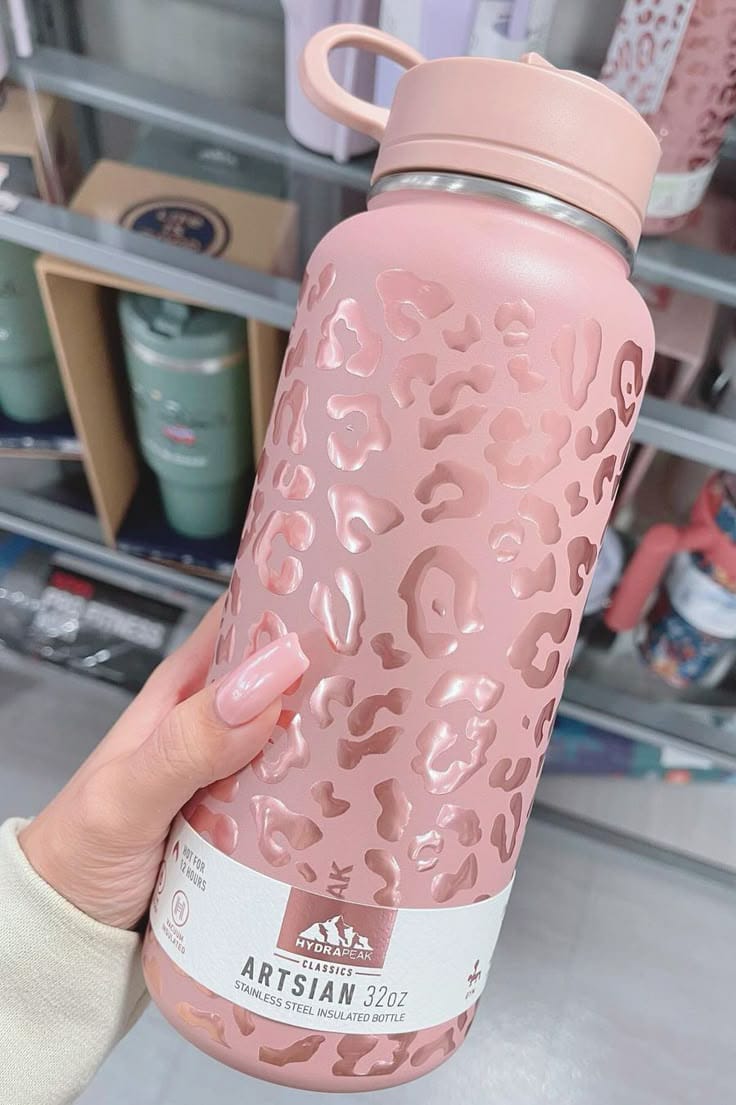 Botella Térmica Rosa con Diseño de Leopardo – Termo de Acero Inoxidable 32oz