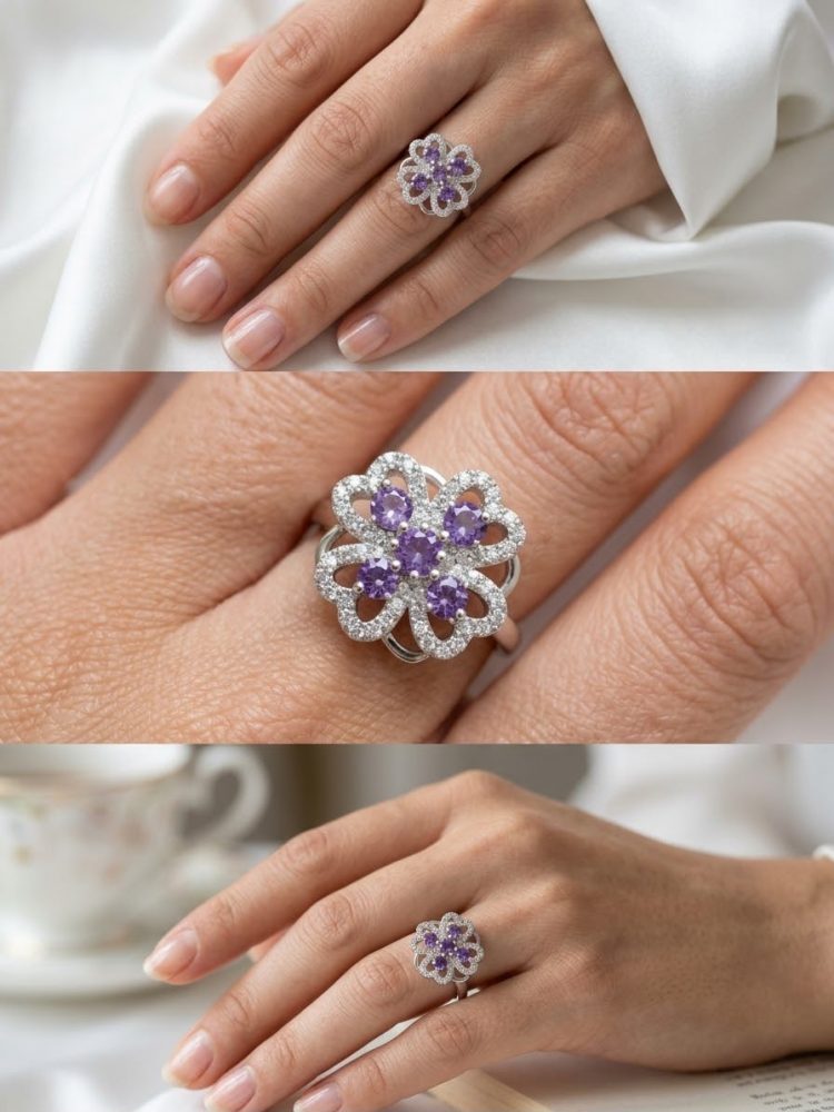 Anillo Giratorio Flor con Circonias Violetas