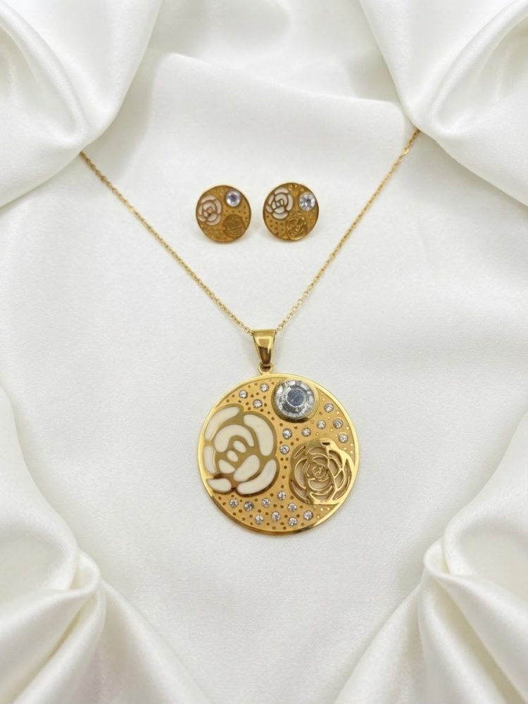 Set Collar y Aretes Circulares Rosas