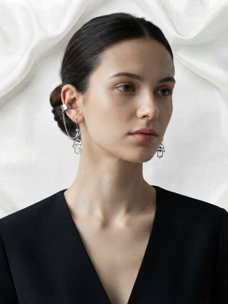 Aretes Mano de Hamsa con Cadena y Earcuff
