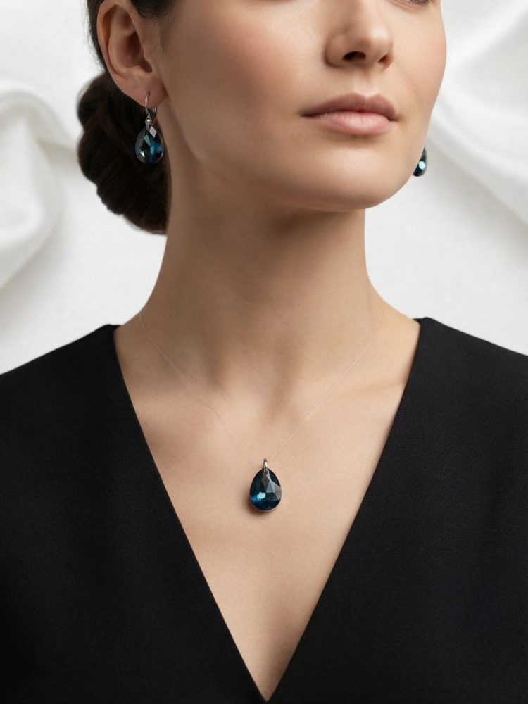 Set Dije y Aretes Gota Cristal Azul Petróleo