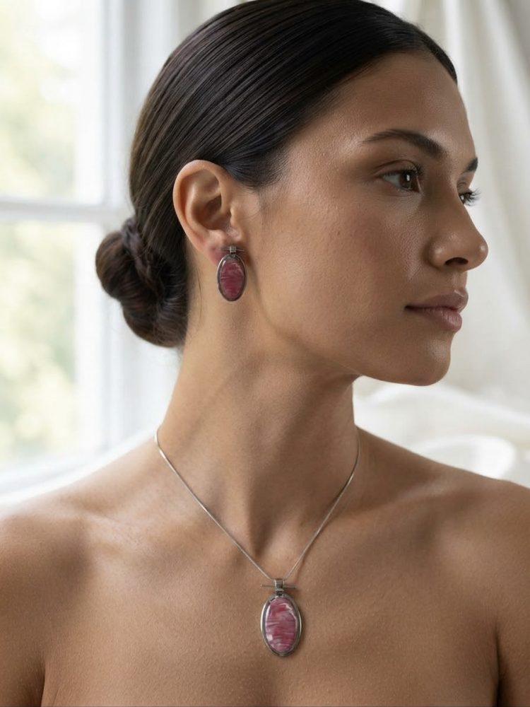 Set Dije y Aretes Oval Rosa Veteado