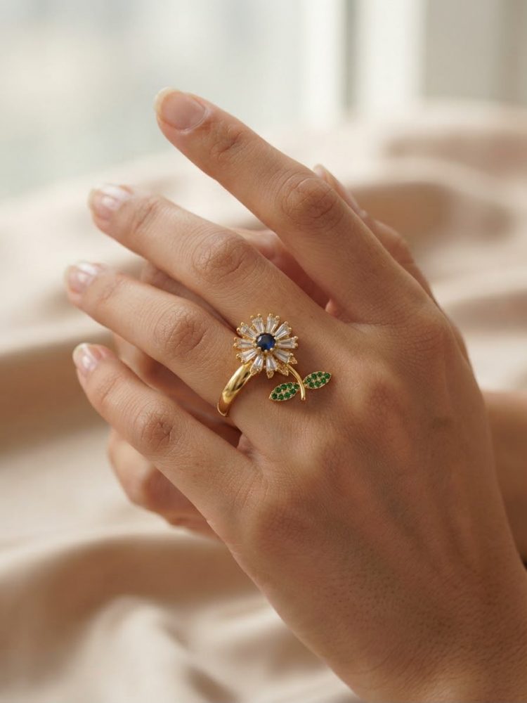 Anillo Giratorio Flor Girasol Circonias Multicolor