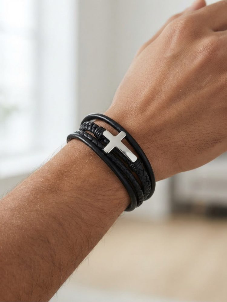 Pulsera Cuero Negro y Cruz