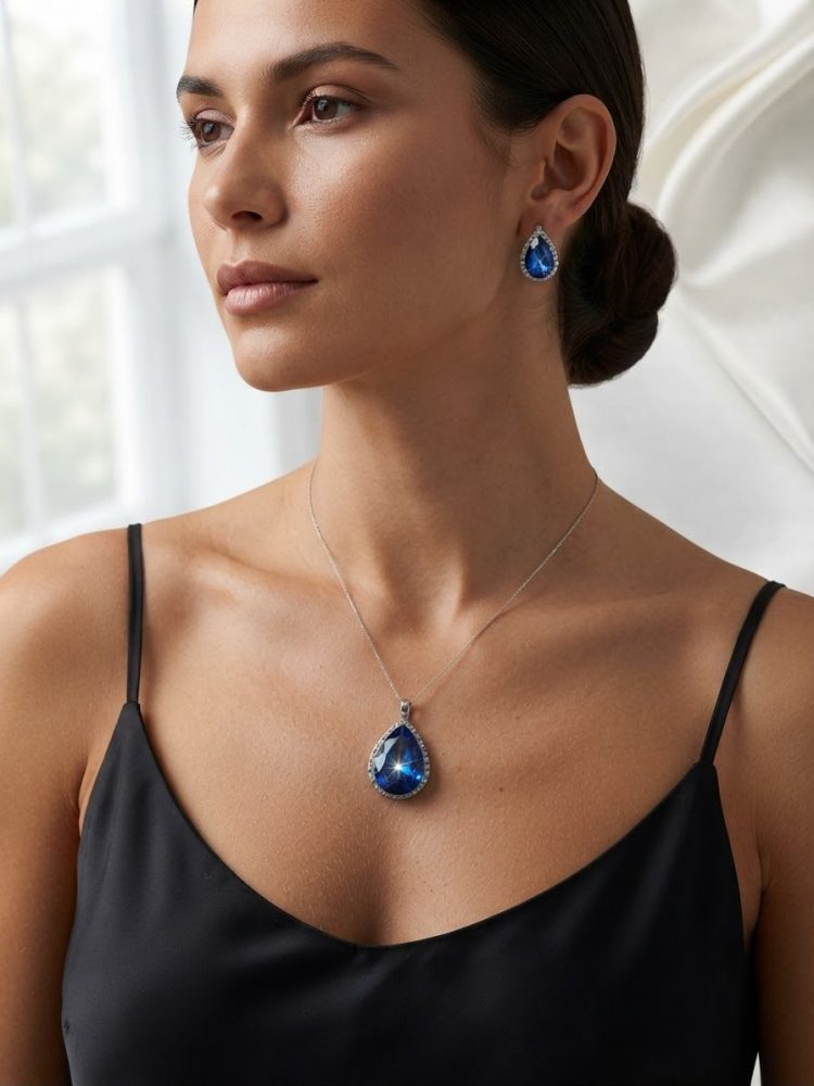 Set Dije y Aretes Gota Cristal Azul