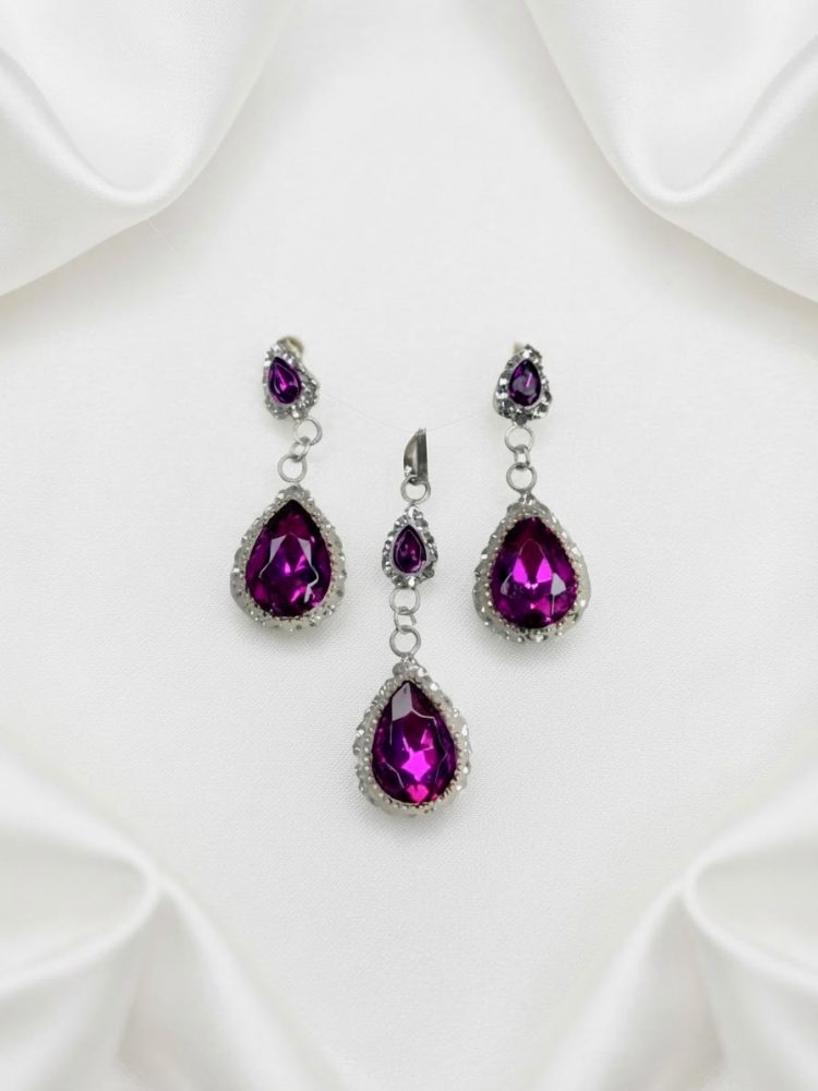 Set Dije y Aretes Gota Doble Cristal Morado