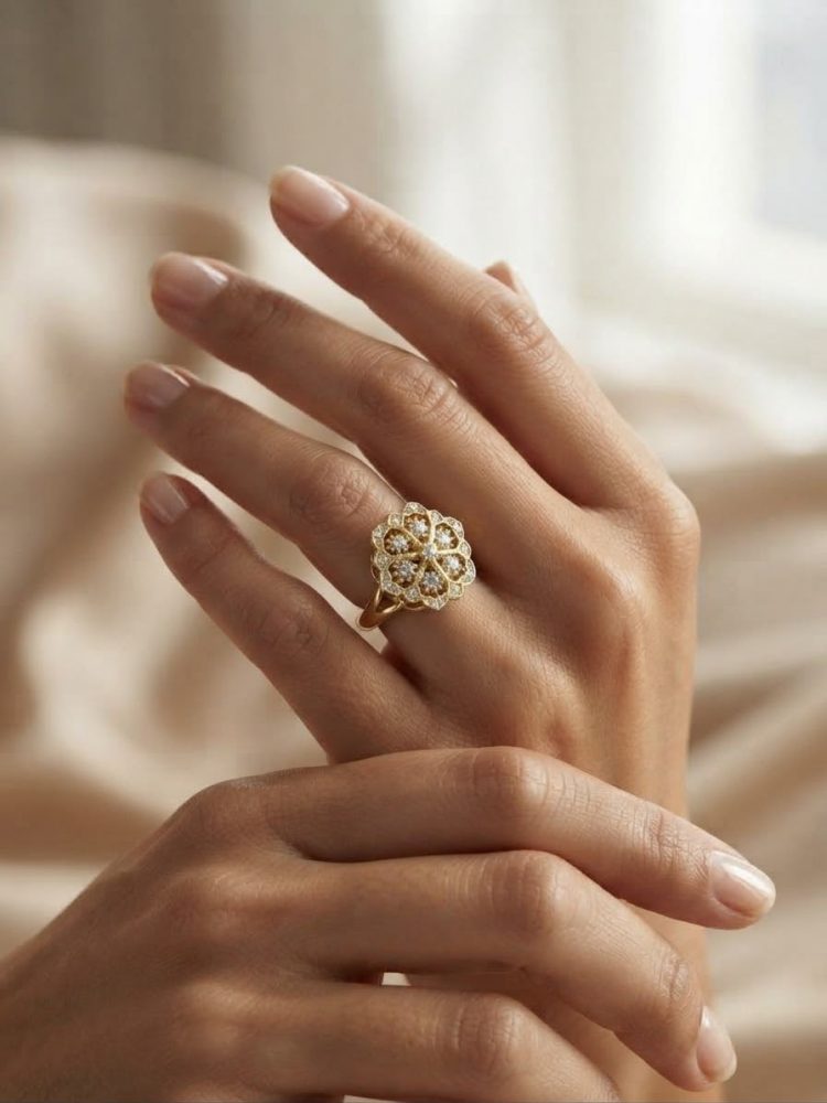 Anillo Giratorio y Ajustable Flor Mándala Circonias